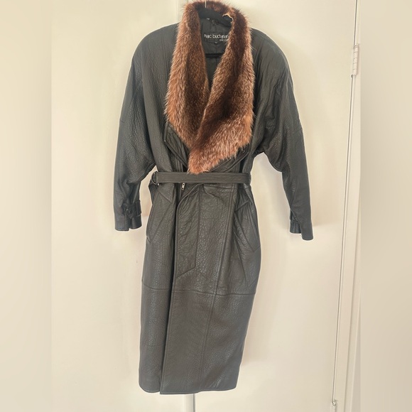 Men's Black Trench Coat with Faux Fur Collar